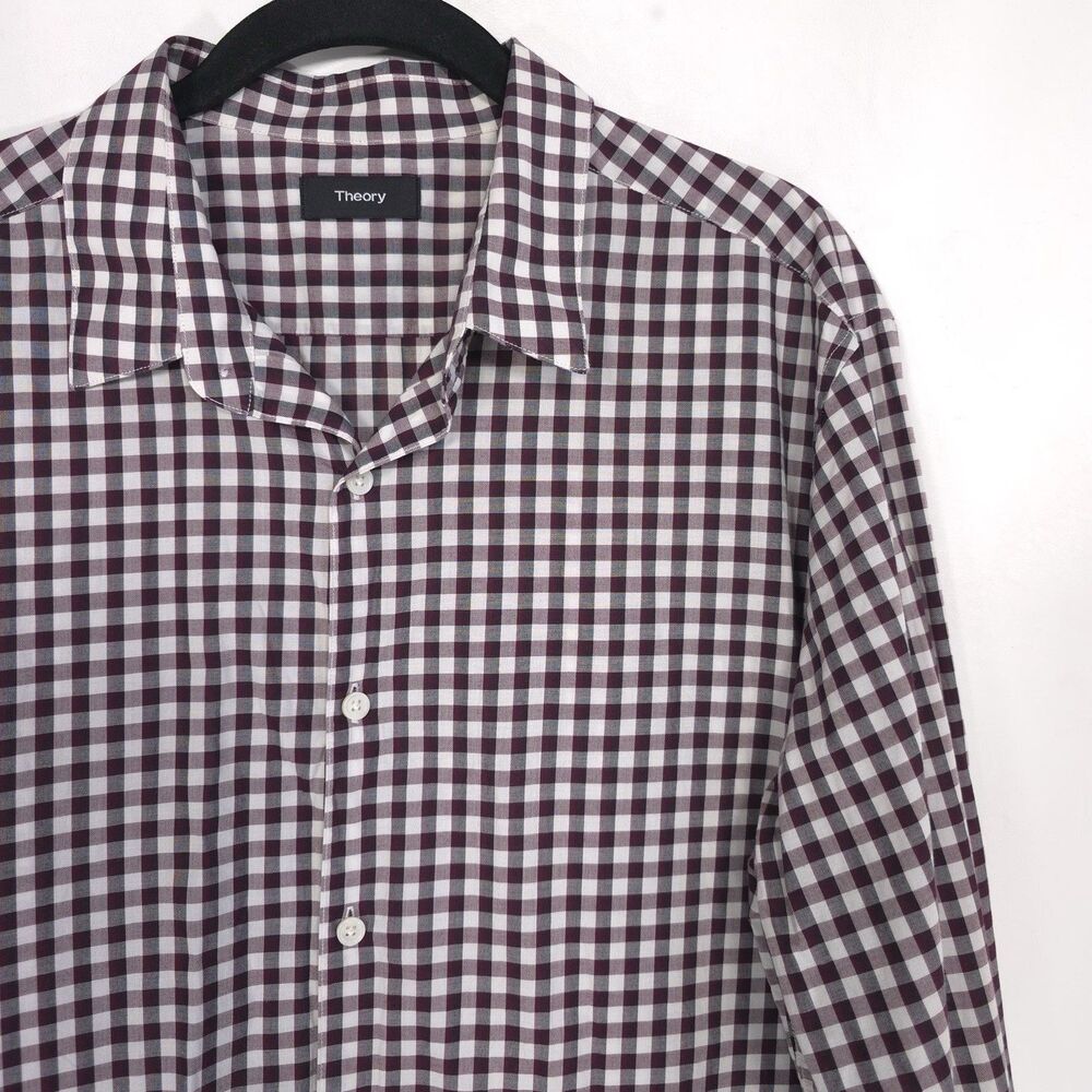Theory Men’s Shirt XL ZACK GARBER Check Plaid Cotton Burgundy White GO774512